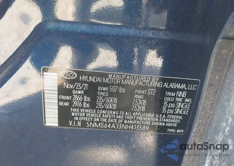 2022 Hyundai Santa Fe Sel z USA, uszkodzony, nr VIN 5NMS64AJ3NH413589